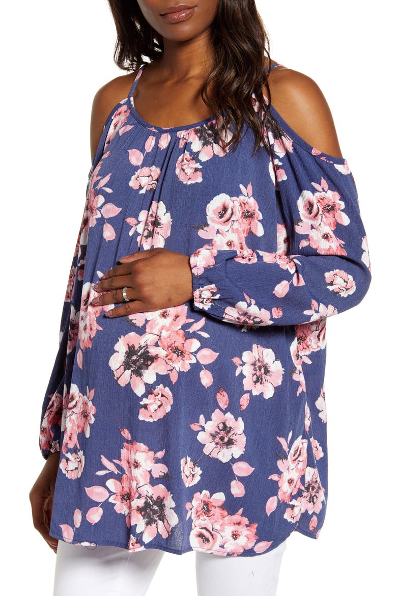 Floral Cold Shoulder Maternity Top, Main, color, NAVY BLOOMS