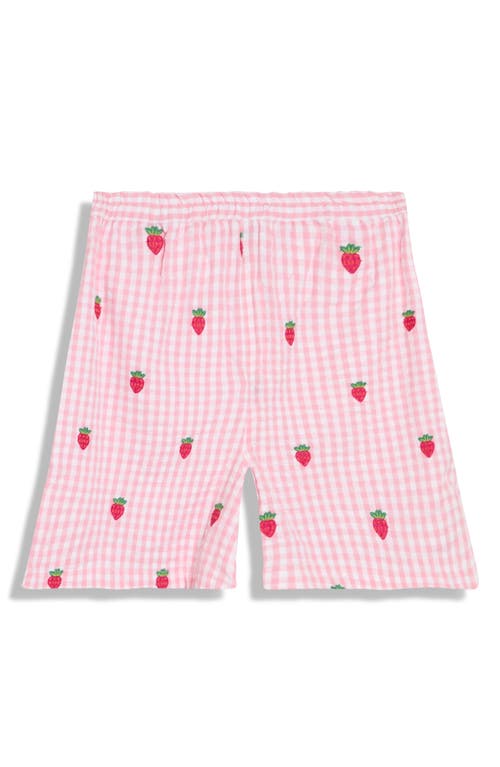 JOJO MAMAN BÉBÉ JOJO MAMAN BEBE GINGHAM CHECK STRAWBERRY EMBROIDERED COTTON SEERSUCKER TOP & SHORTS SET