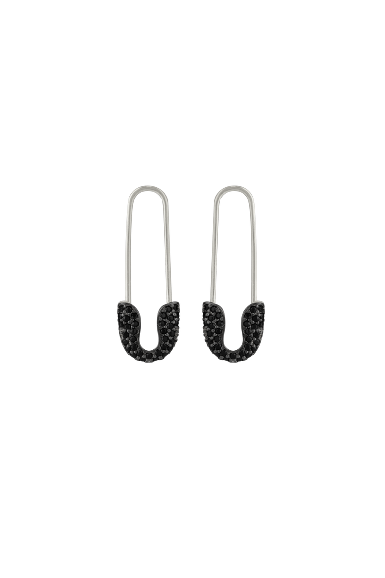 Black Pave Safety Pin Earring Jewelled Sterling Silver, Main, color, Silver