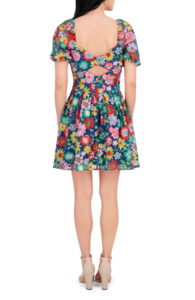 Kensie Embroidered Mesh Short Sleeve Dress, Alternate, color, Blue/ Green Multi