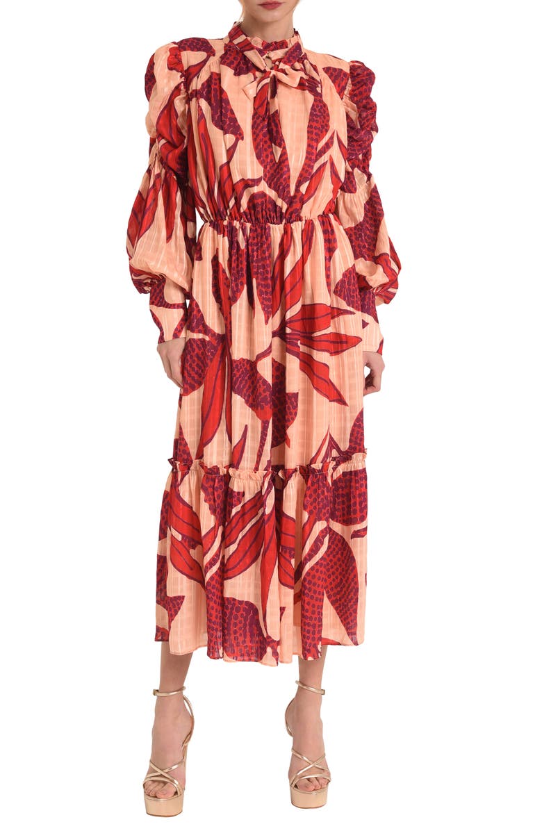 CIEBON Carla Floral Print Long Sleeve Midi Dress, Main, color, Red Multi