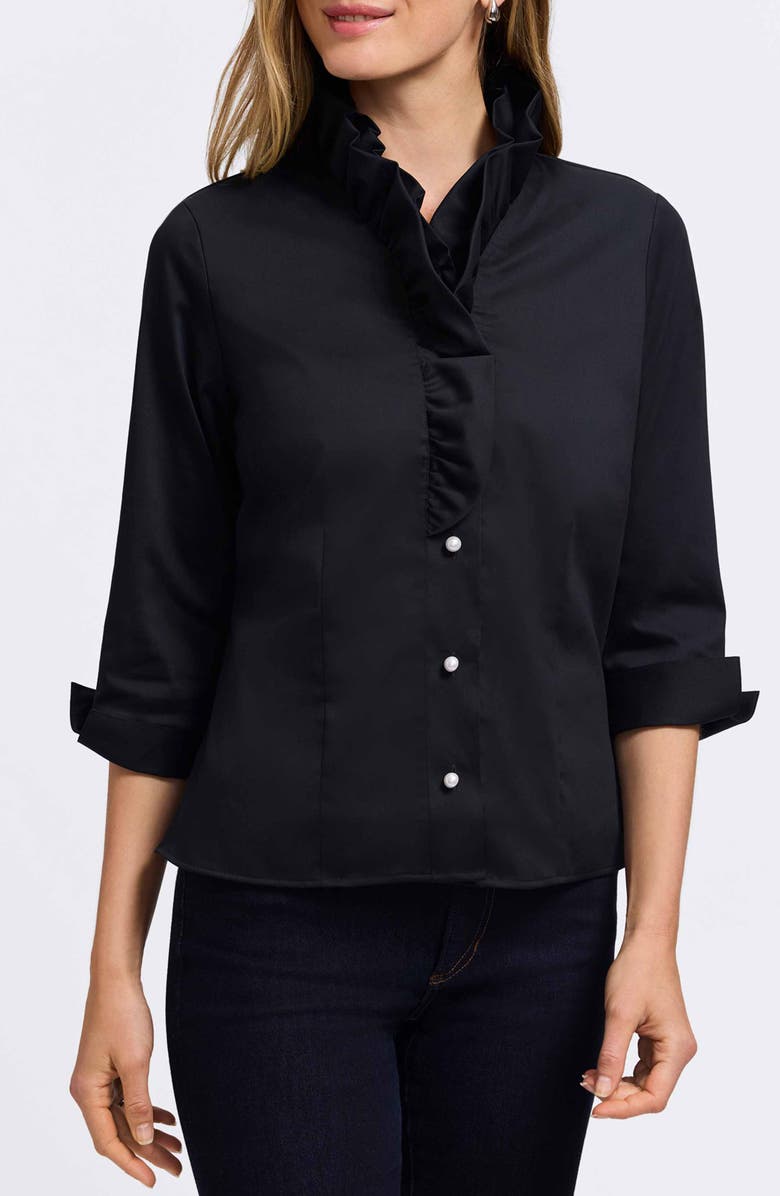 Foxcroft Edith Ruffle Button-Up Shirt, Main, color, Black