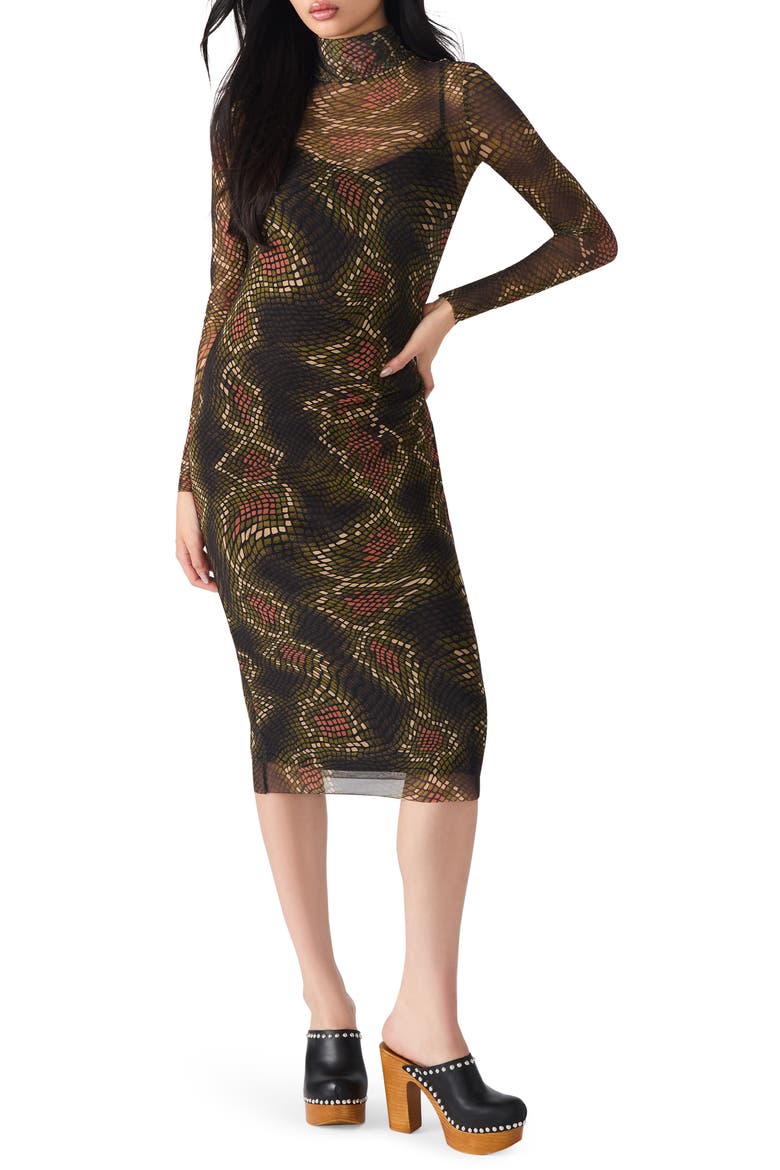 Vivienne Snake Print Long Sleeve Turtleneck Mesh Midi Dress, Main, color, FOSSIL BROWN