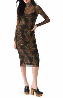 Steve Madden Vivienne Snake Print Long Sleeve Turtleneck Mesh Midi Dress