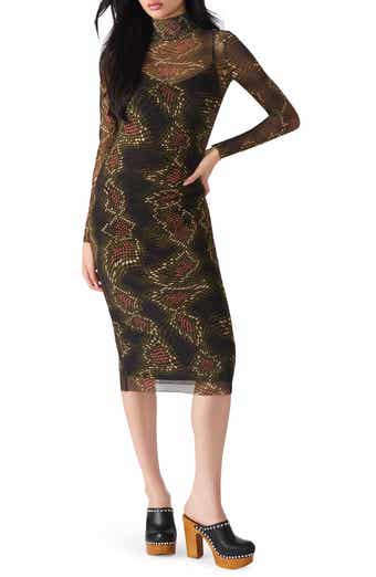 Steve Madden Vivienne Snake Print Long Sleeve Turtleneck Mesh Midi Dress
