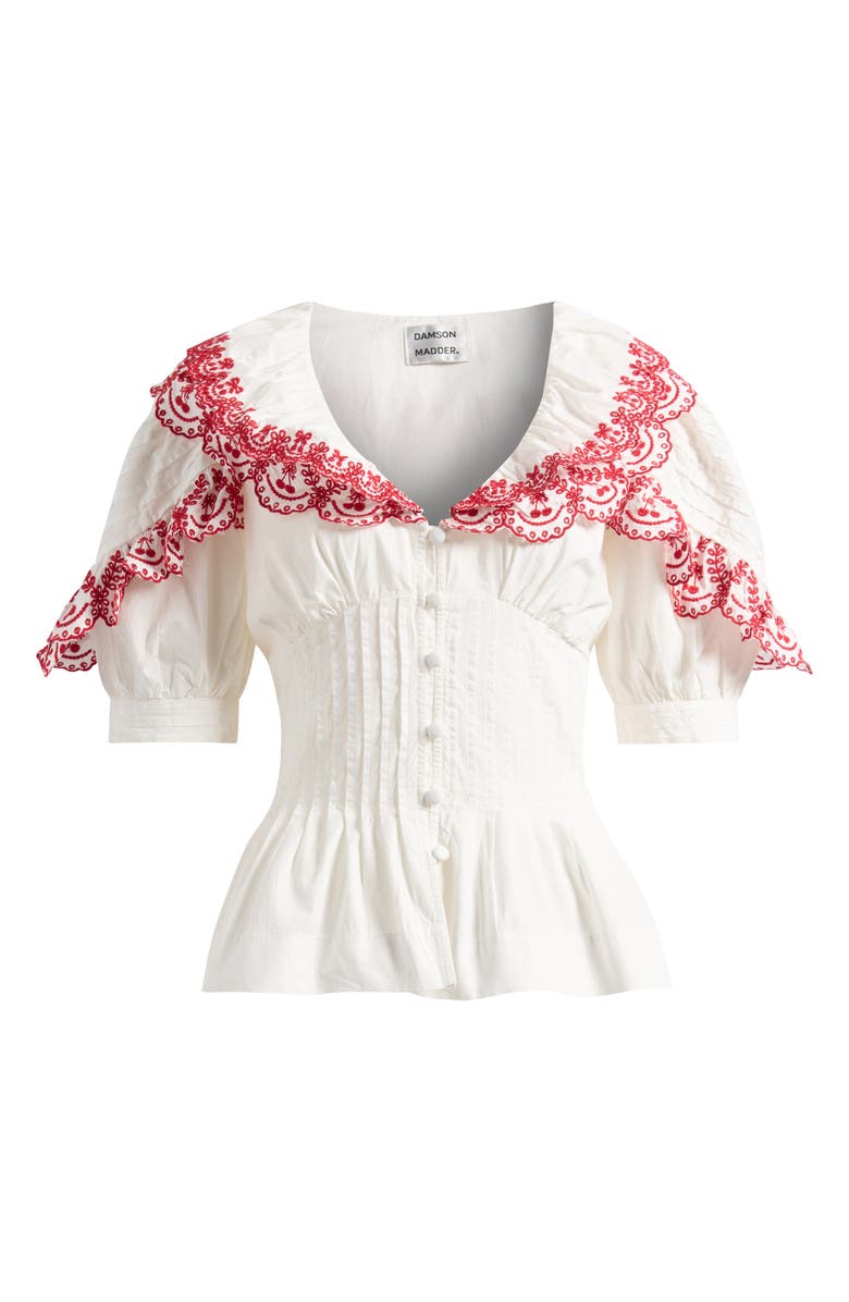 Damson Madder Caroline Cherry Embroidered Organic Cotton Peplum Top, Main, color, 