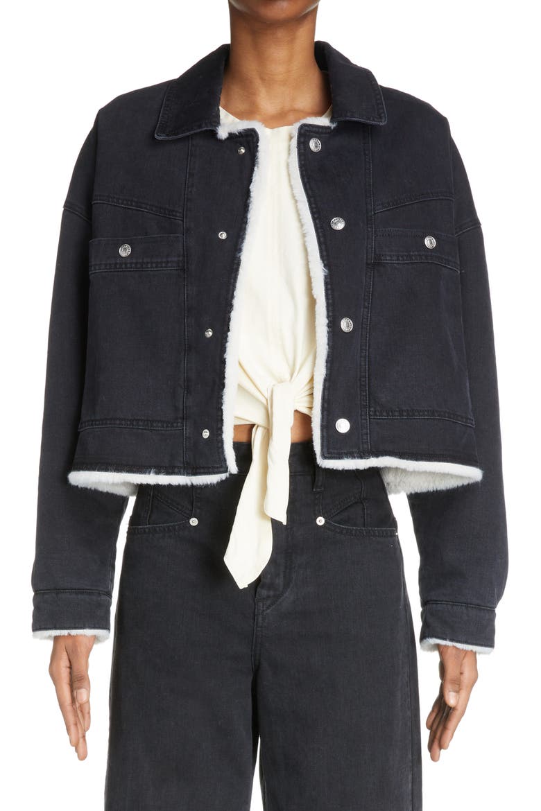 Paoleta Denim & Faux Shearling Jacket, Main, color, BLACK