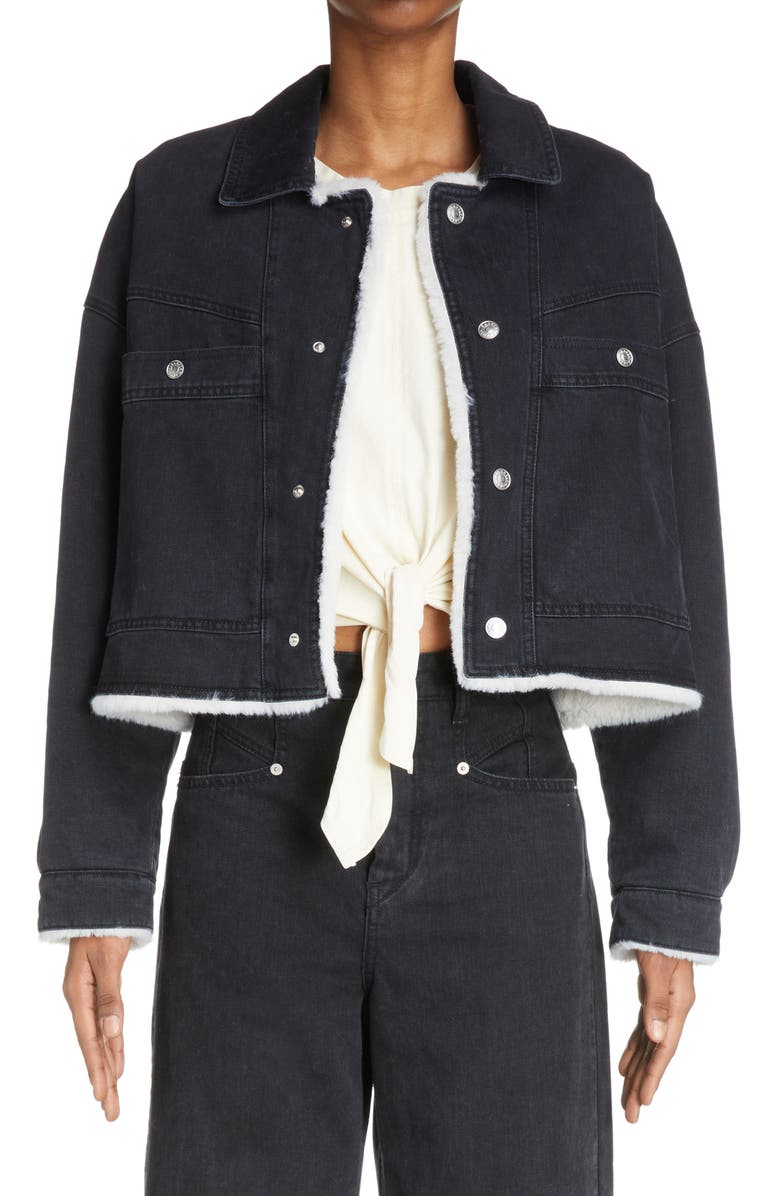 Isabel Marant Paoleta Denim & Faux Shearling Jacket, Main, color, 