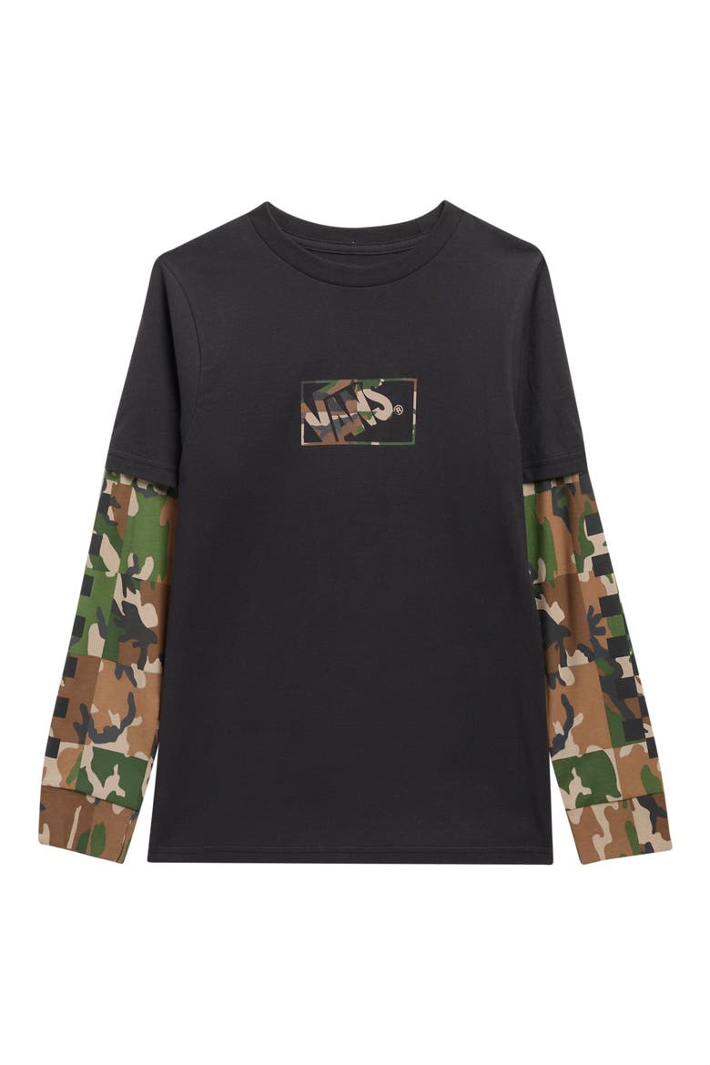 Kids' Camo Print Long Sleeve Cotton Twofer T-Shirt, Main, color, BLACK