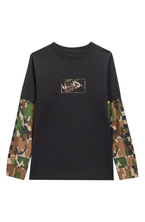 Kids' Camo Print Long Sleeve Cotton Twofer T-Shirt