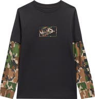 Vans Kids' Camo Print Long Sleeve Cotton Twofer T-Shirt