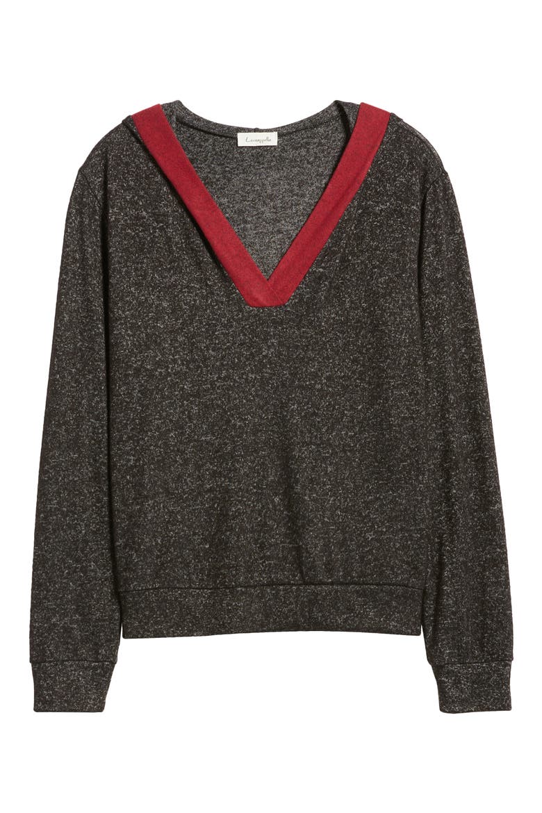Hooded V-Neck Pullover, Alternate, color, BLACK/ BURGUNDY