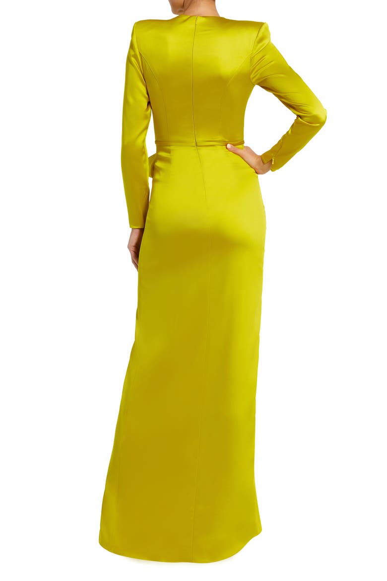 Long Sleeve Structured Bow Draped Column Gown, Alternate, color, CHARTREUSE