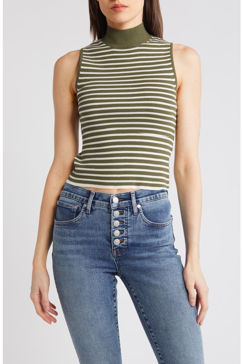 Stripe Mock Neck Wide Rib Sweater Tank, Main, color, DESERT OLIVE