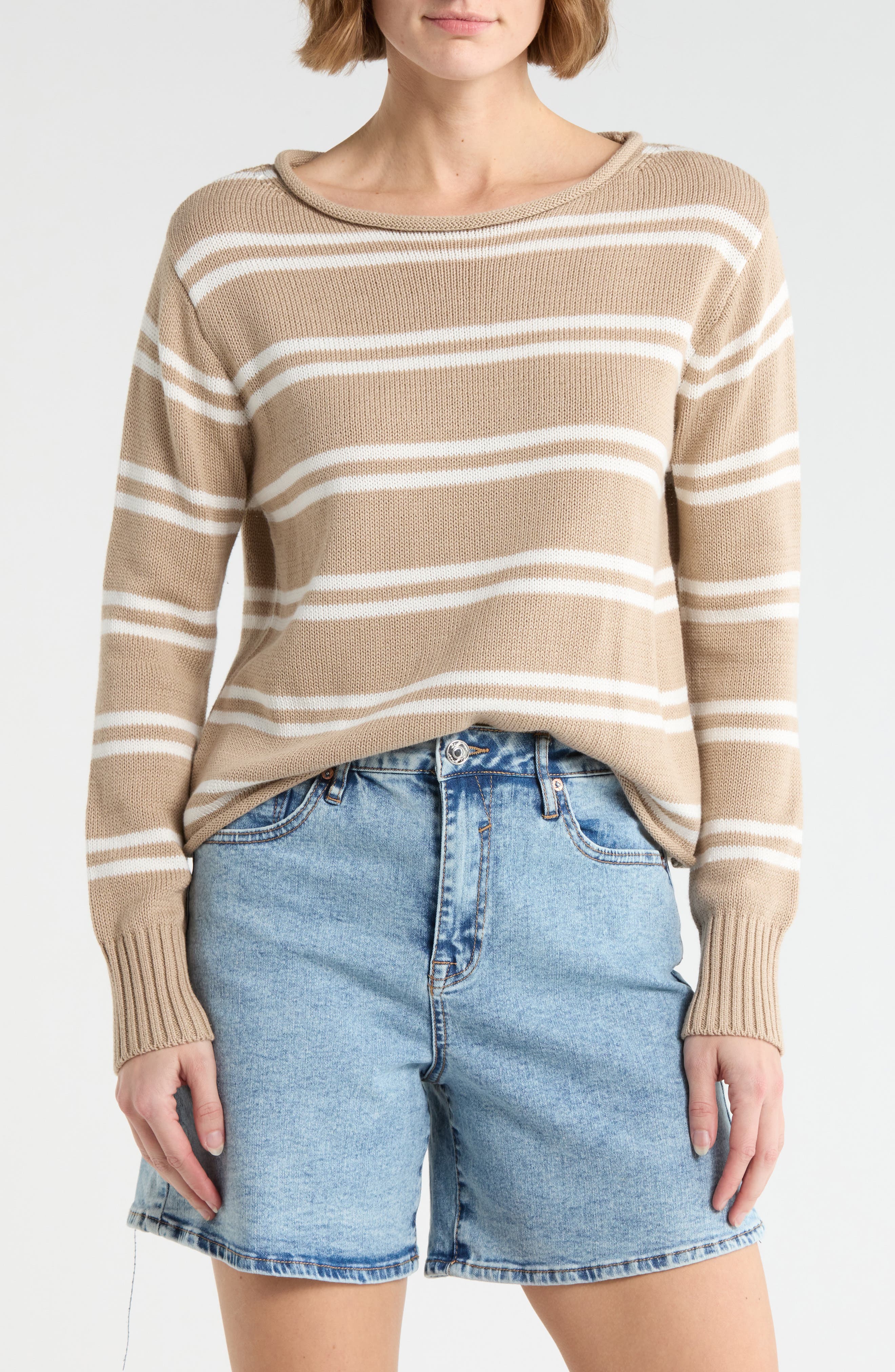 Vigoss Stripe Boat Neck Crop Sweater
