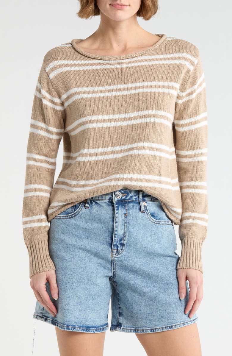 Vigoss Stripe Boat Neck Crop Sweater, Main, color, Oatmeal/ Creme