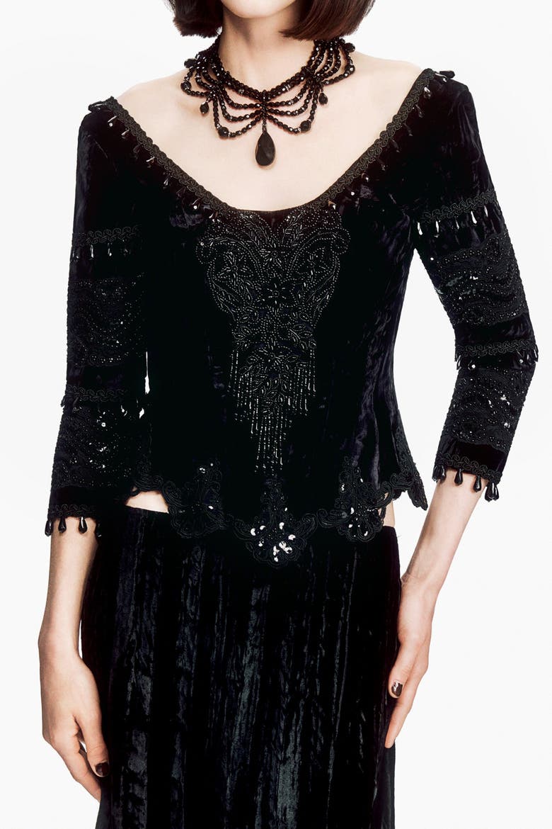 Crushed Velvet Beaded Corset, Alternate, color, Black