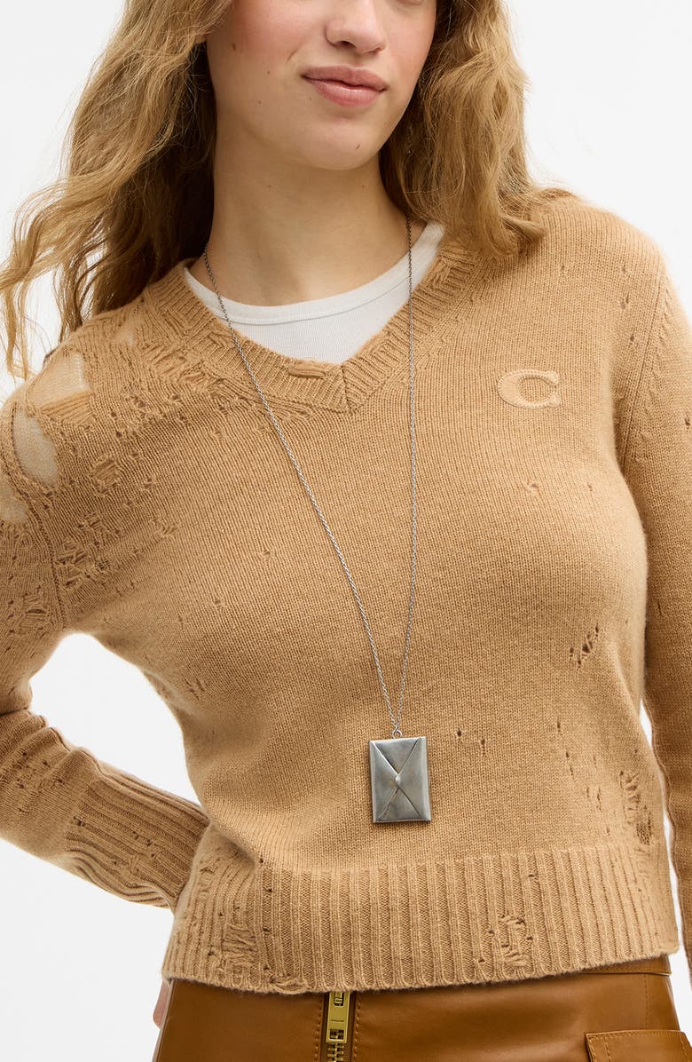 COACH Runway Envelope Long Necklace, Alternate, color, Antique Silver