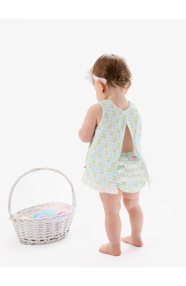 RuffleButts Cotton Gauze Swing Top and Bloomer Set, Alternate, color, Chirping Chicks Gingham