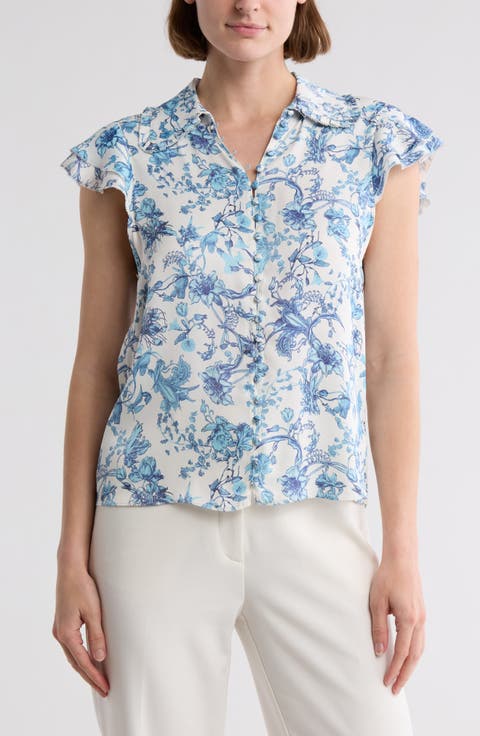 Martel Floral Flutter Sleeve Button-Up Top