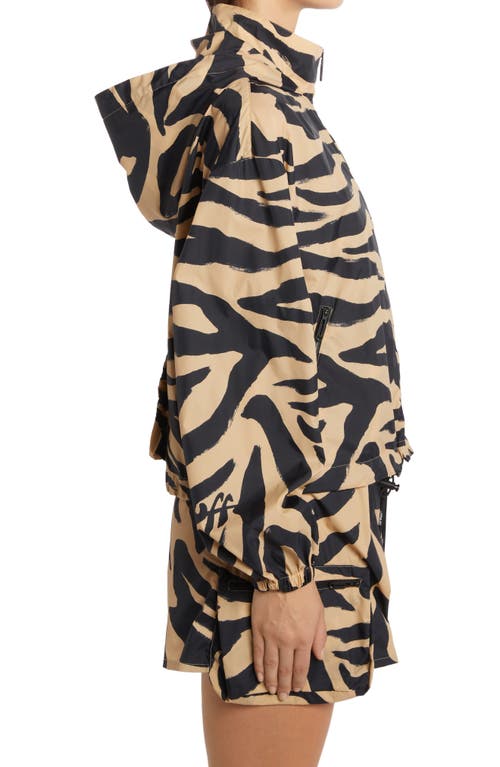 Off-white Hooded Zebra Stripe Balloon Sleeve Jacket In Beige Black