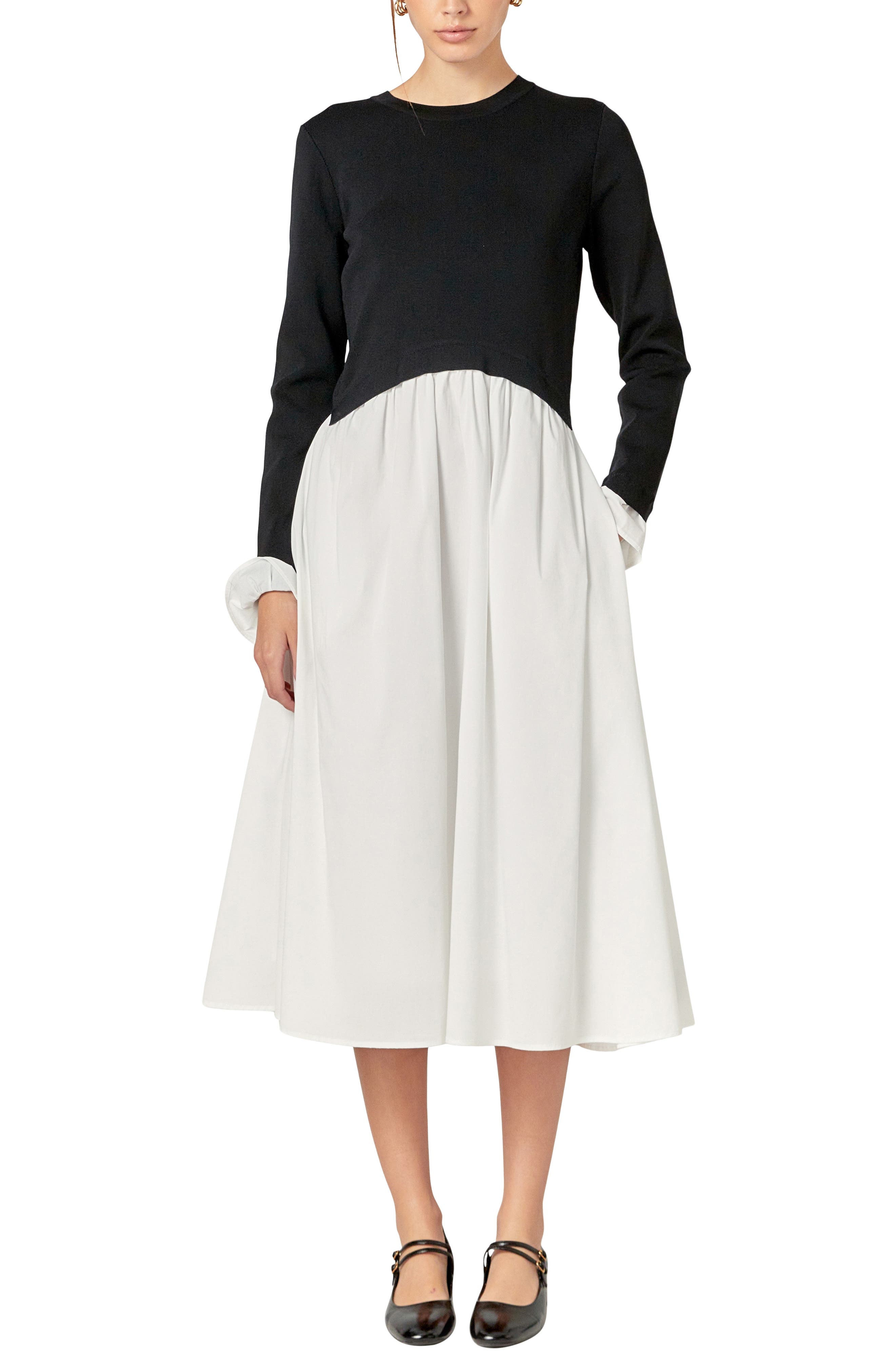 Twofer Long Sleeve Mixed Media Midi Dress