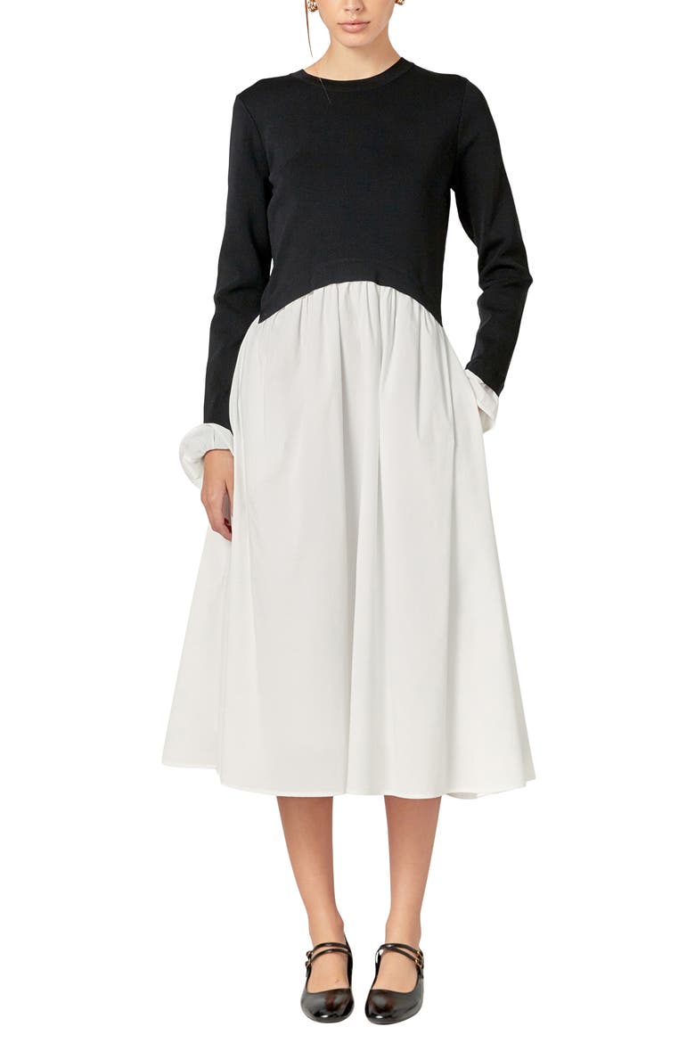 Twofer Long Sleeve Mixed Media Midi Dress, Main, color, BLACK/ WHITE