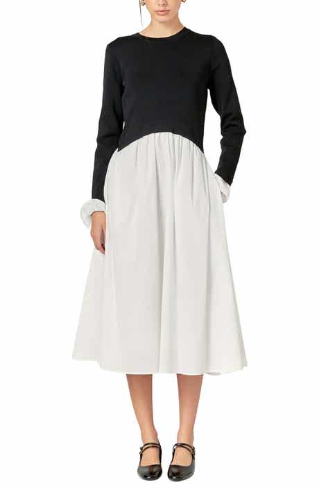 Twofer Long Sleeve Mixed Media Midi Dress