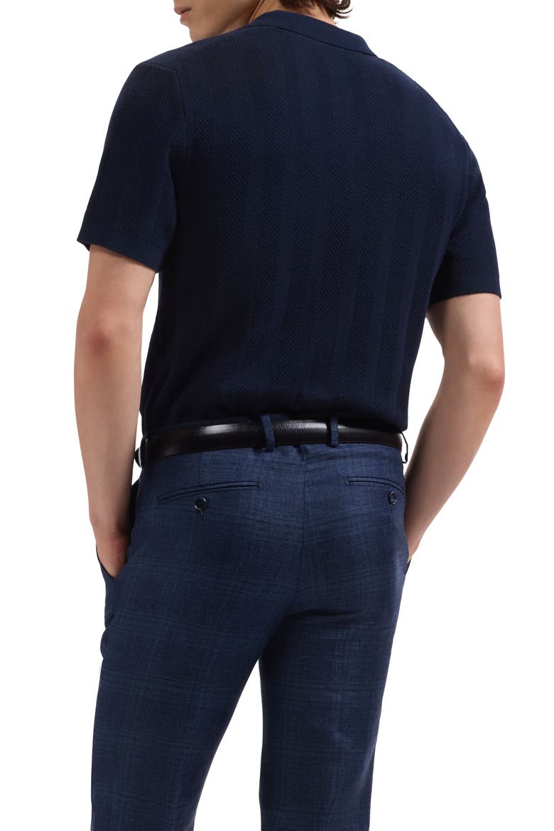 Johnny Collar Basket Stitch Cotton Blend Short Sleeve Sweater, Alternate, color, NAVY