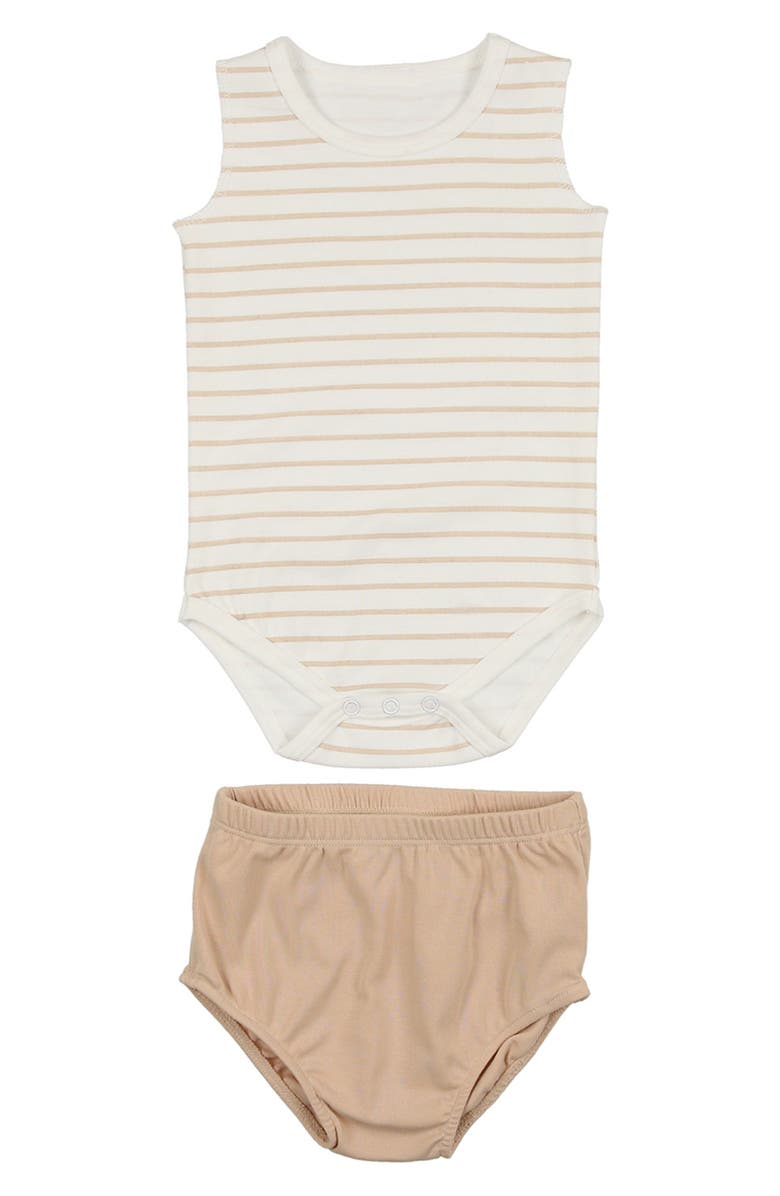 Manière Stripe Bodysuit & Bloomers Set, Main, color, Sand