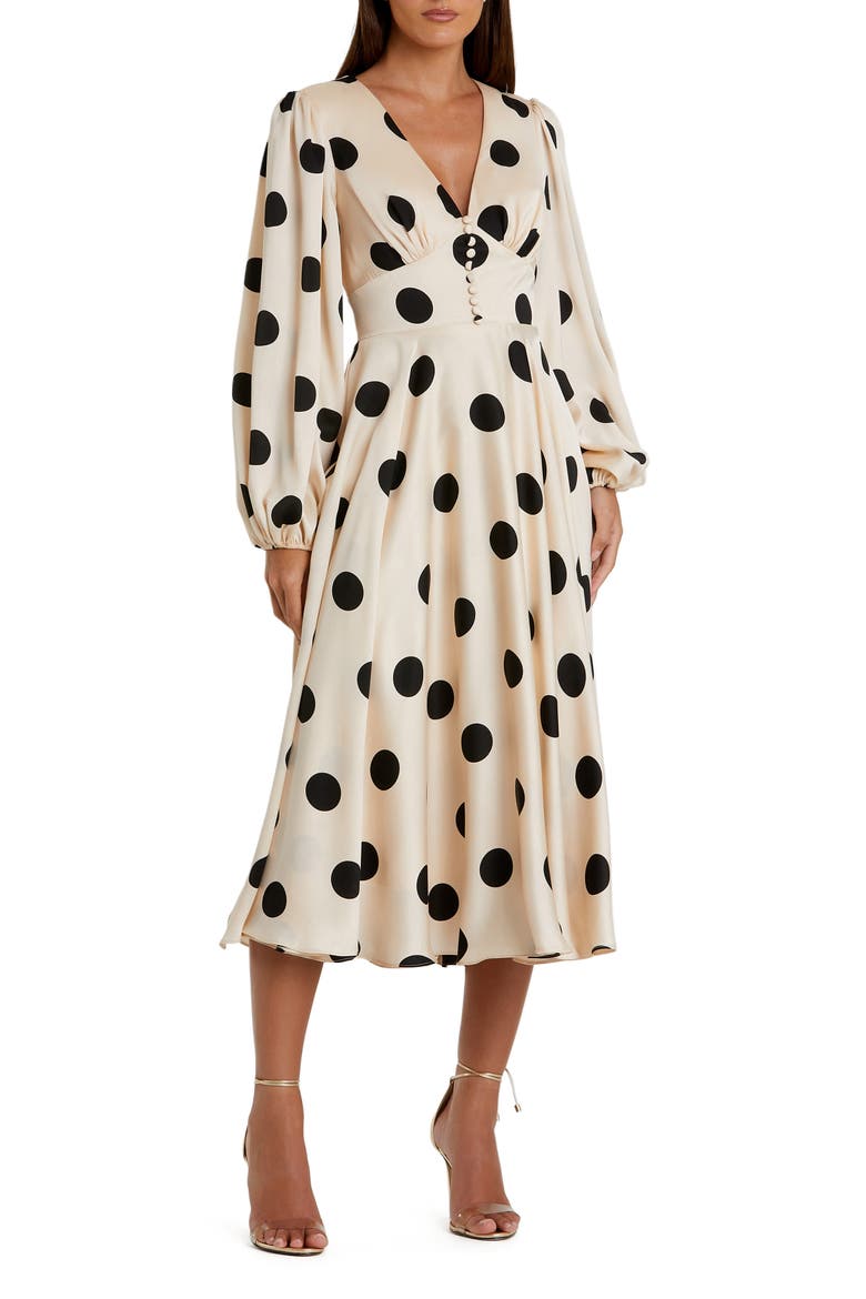Polka Dot Charmeuse Long Sleeve V Neck Midi Dress, Main, color, Cream Black