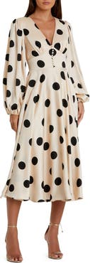 Mac Duggal Polka Dot Charmeuse Long Sleeve V Neck Midi Dress