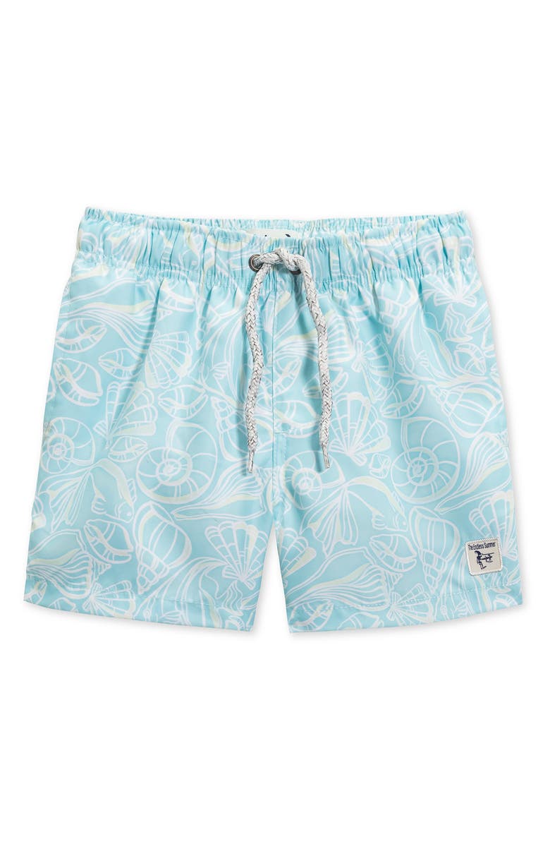 THE ENDLESS SUMMER Kids' Shell Print Volley Swim Trunks, Main, color, Aqua