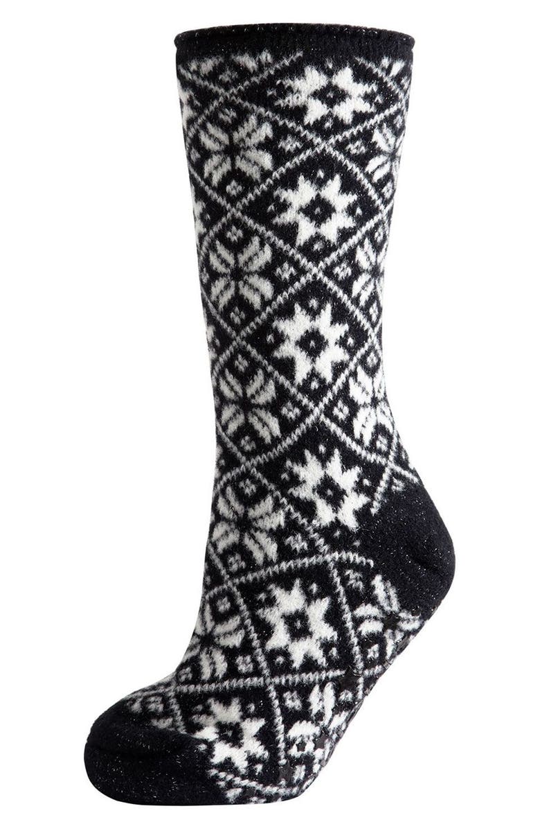 MeMoi Holiday Snowflake Fleece Lined Crew Socks, Main, color, Black