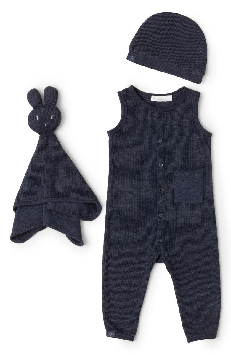 Barefoot Dreams<sup>®</sup> Waffle Knit Romper, Cap & Bunny Set, Main, color, Indigo