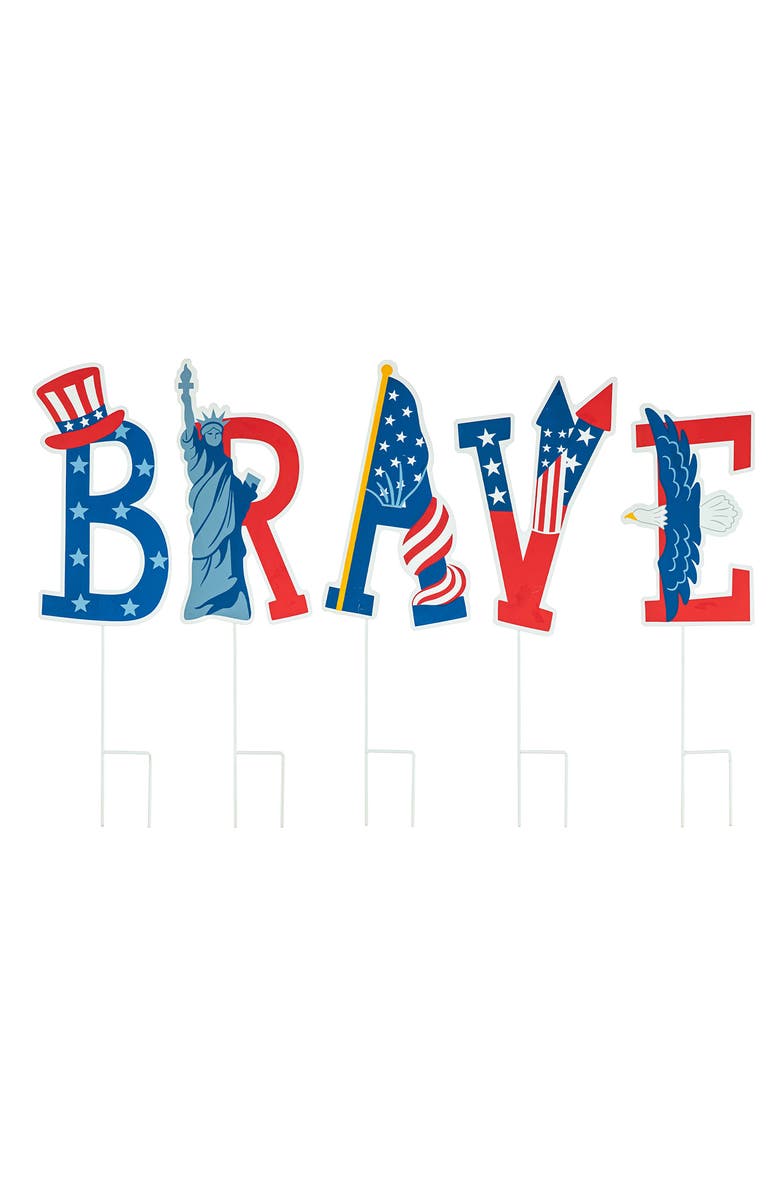 Glitzhome Set of 5 Patriotic Americana BRAVE Yard Stake or Wall Decor, Main, color, 