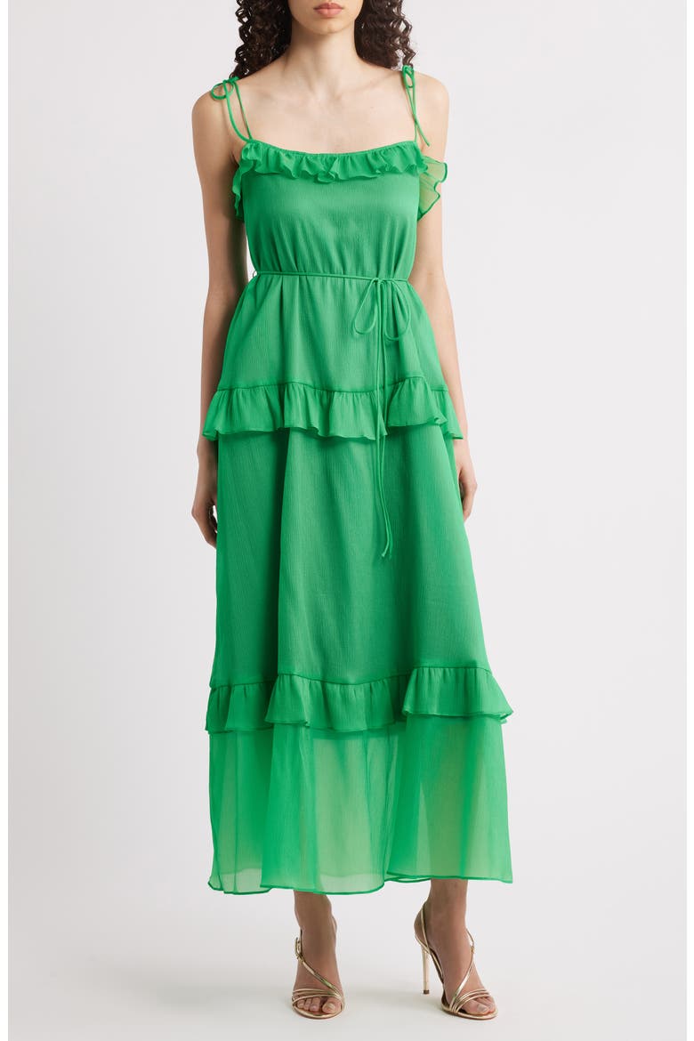Tie Strap Tiered Midi Dress, Main, color, GREEN