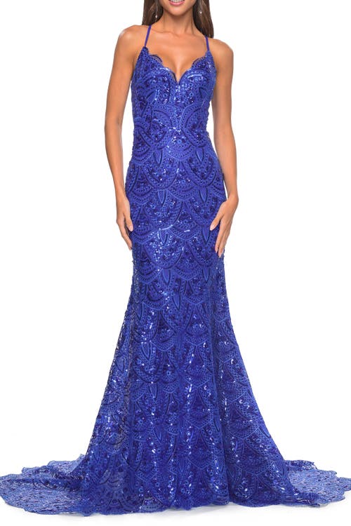 La Femme Print Sequin Mermaid Dress With Lace Up Back