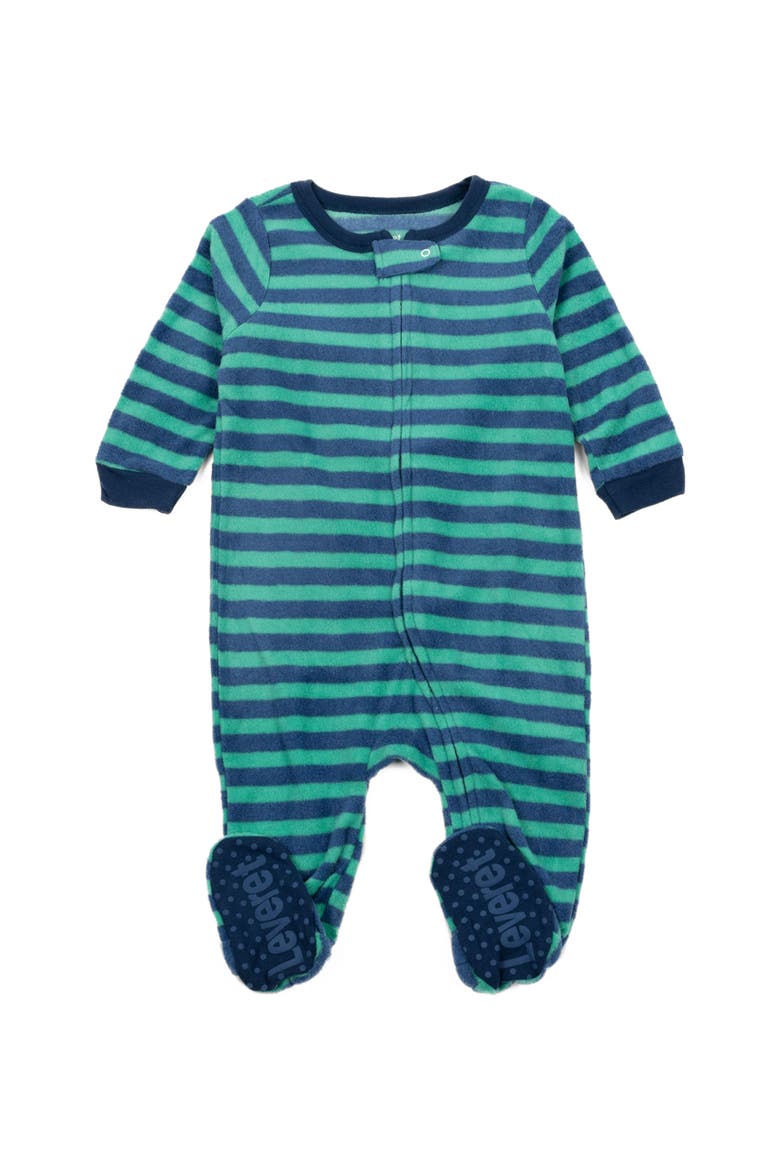 Fleece Footed Pajamas Holiday Print, Main, color, Blue/Green Stripes
