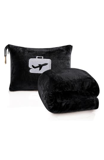 Luxury Home Comfort Fly 2-in-1 Travel Blanket & Pillow In Black