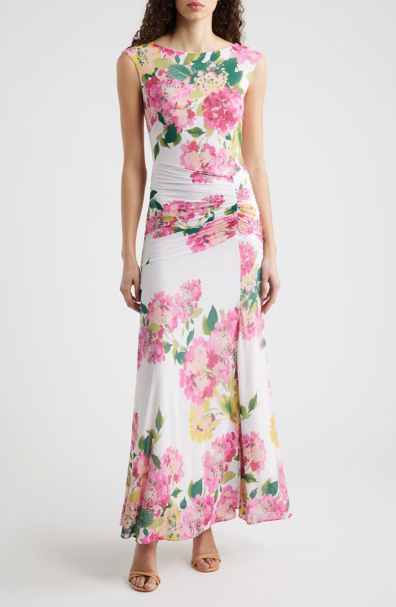 Eliza J Floral Ruched Gown, Main, color, Pink Multi