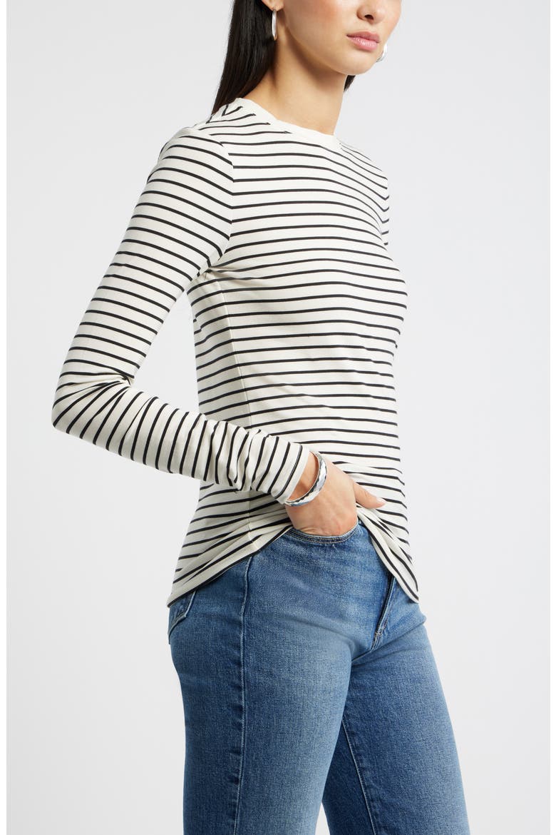 Long Sleeve Crewneck T-Shirt, Alternate, color, IVORY- BLACK TAY STRIPE