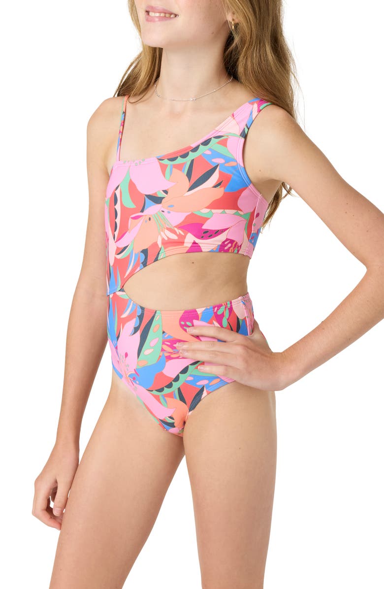 O'Neill Kids' Cabana Asymmetric Floral One-Piece Swimsuit, Alternate, color, Multi Colored
