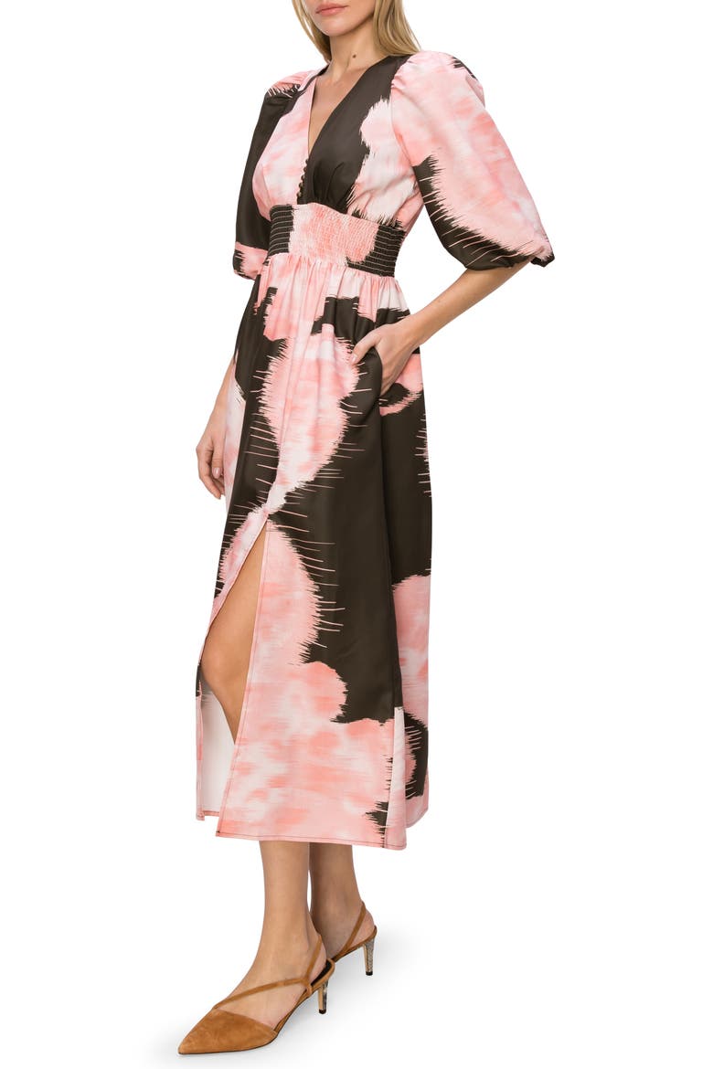 Print Puff Sleeve Midi Dress, Alternate, color, OLIVE BLUSH