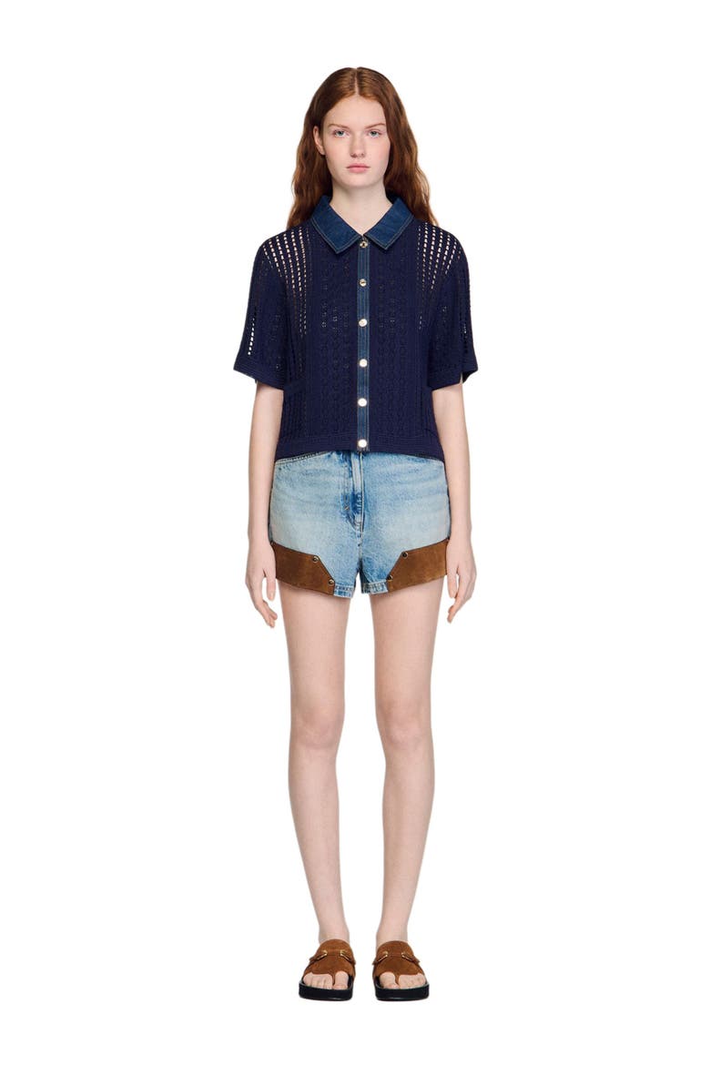Crochet and denim cardigan, Alternate, color, Navy blue