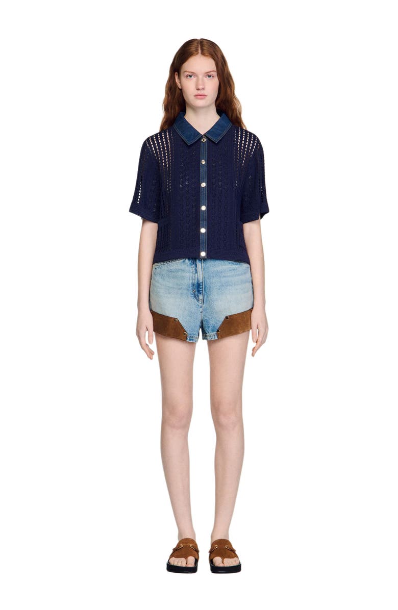 SANDRO Crochet and denim cardigan, Alternate, color, Navy Blue