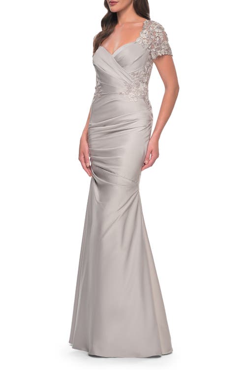 La Femme Satin Evening Dress With Lace And Scoop Neckline In Silver
