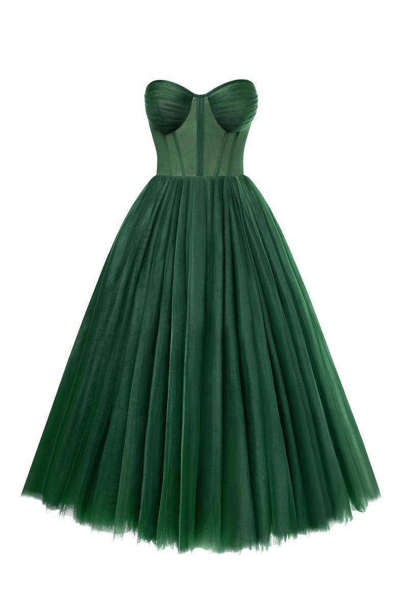 Strapless Puffy Tulle Midi Formal Occasion Dress in Emerald Green, Alternate, color, Emerald Green