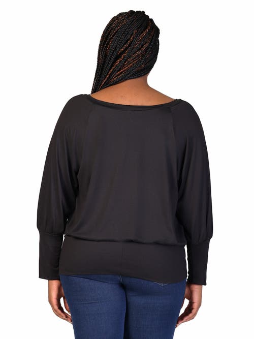 24seven Comfort Apparel Round Neck Long Blouson Sleeve Banded Bottom Top In Black
