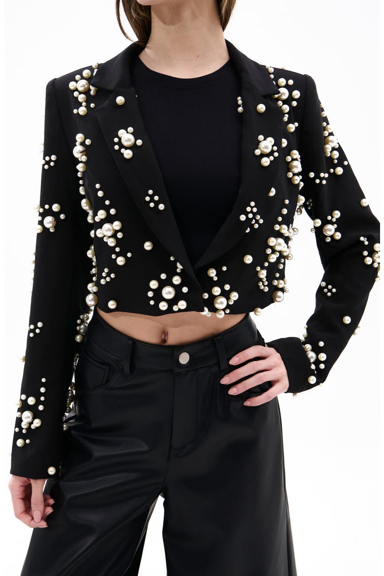 Faux Pearl Crop Blazer, Main, color, BLACK